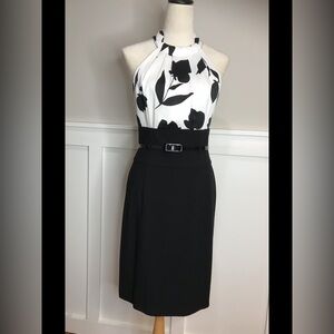 WHITE HOUSE BLACK MARKET Black & White Floral Belted Halter Dress Size 6 PERFECT